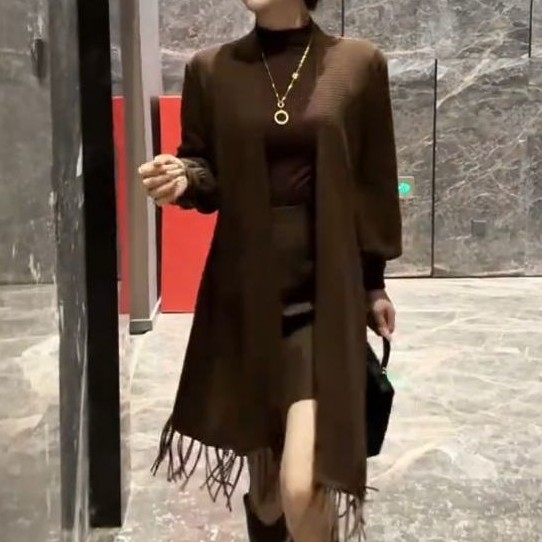 02新款时尚流苏洋气开衫长袖中长款气质百搭