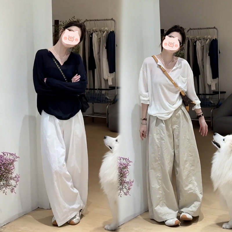 2025新款穿搭一整套高级感薄款长袖T恤宽松慵懒风休闲阔腿裤套装