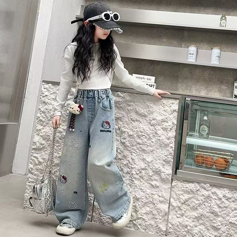 女童牛仔裤春秋款2025新款洋气儿童春季中大童阔腿裤卡通春装裤子
