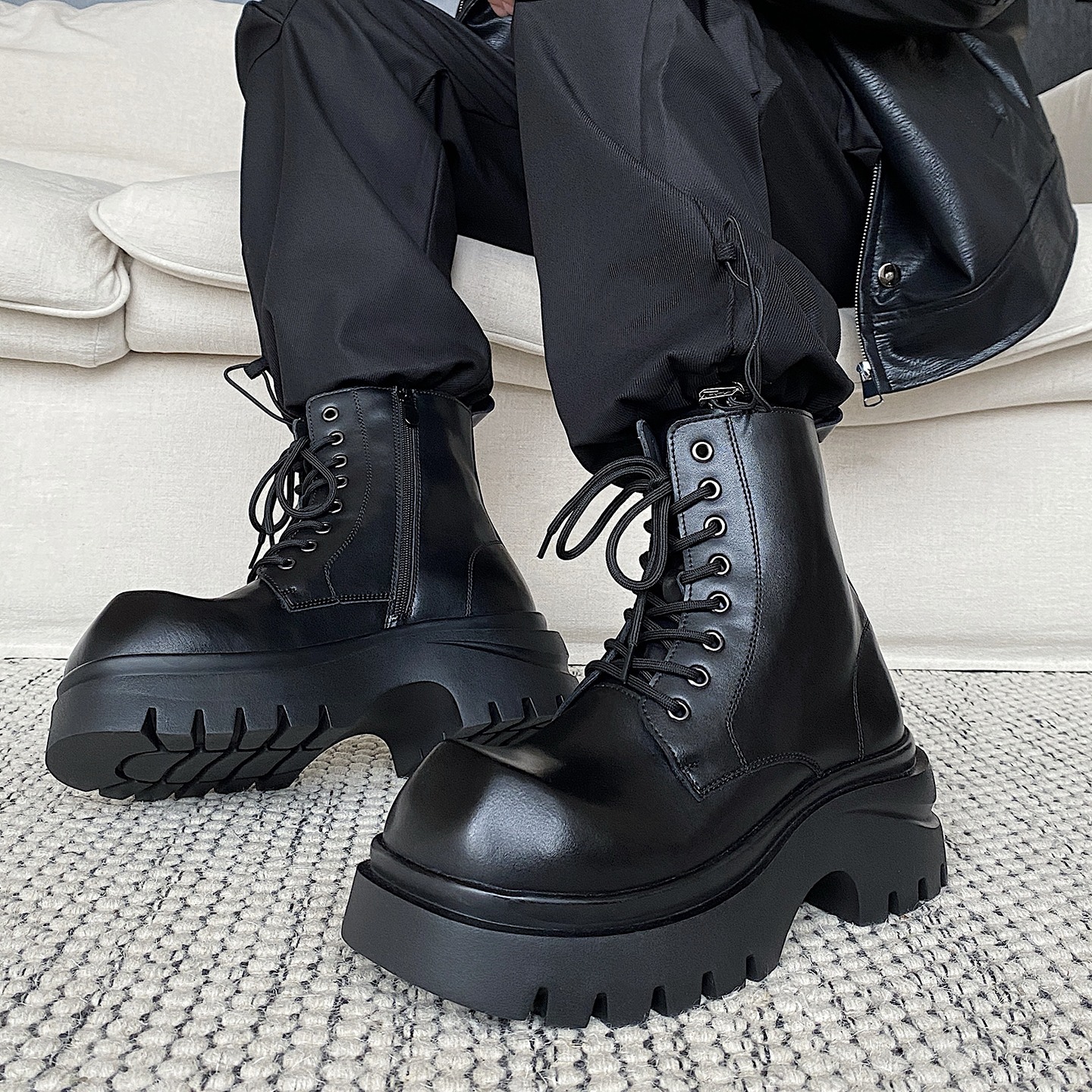 25216秋冬后拉链高帮增高马丁靴潮版型男靴冬季黑色系带厚底男鞋