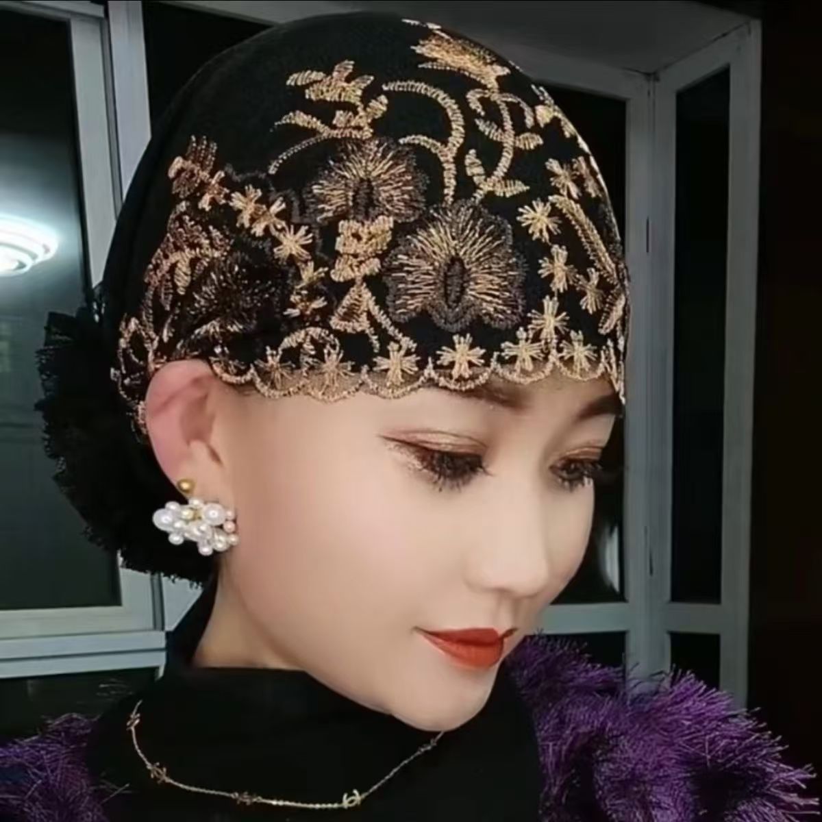 春秋夏四季新款刺绣包头帽洋气遮白发妈妈帽透气防尘时尚发带帽女