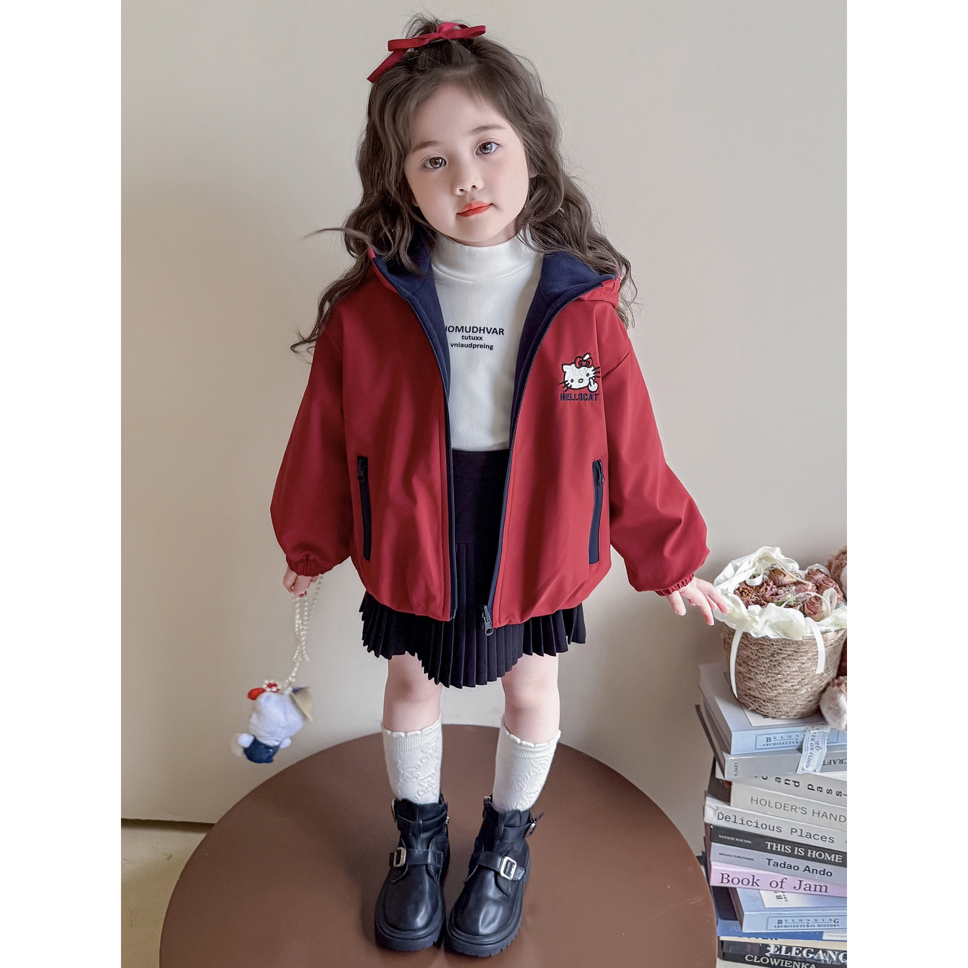 女童外套加绒秋冬风衣2025新款连帽休闲澳粒绒内里洋气时尚两面穿