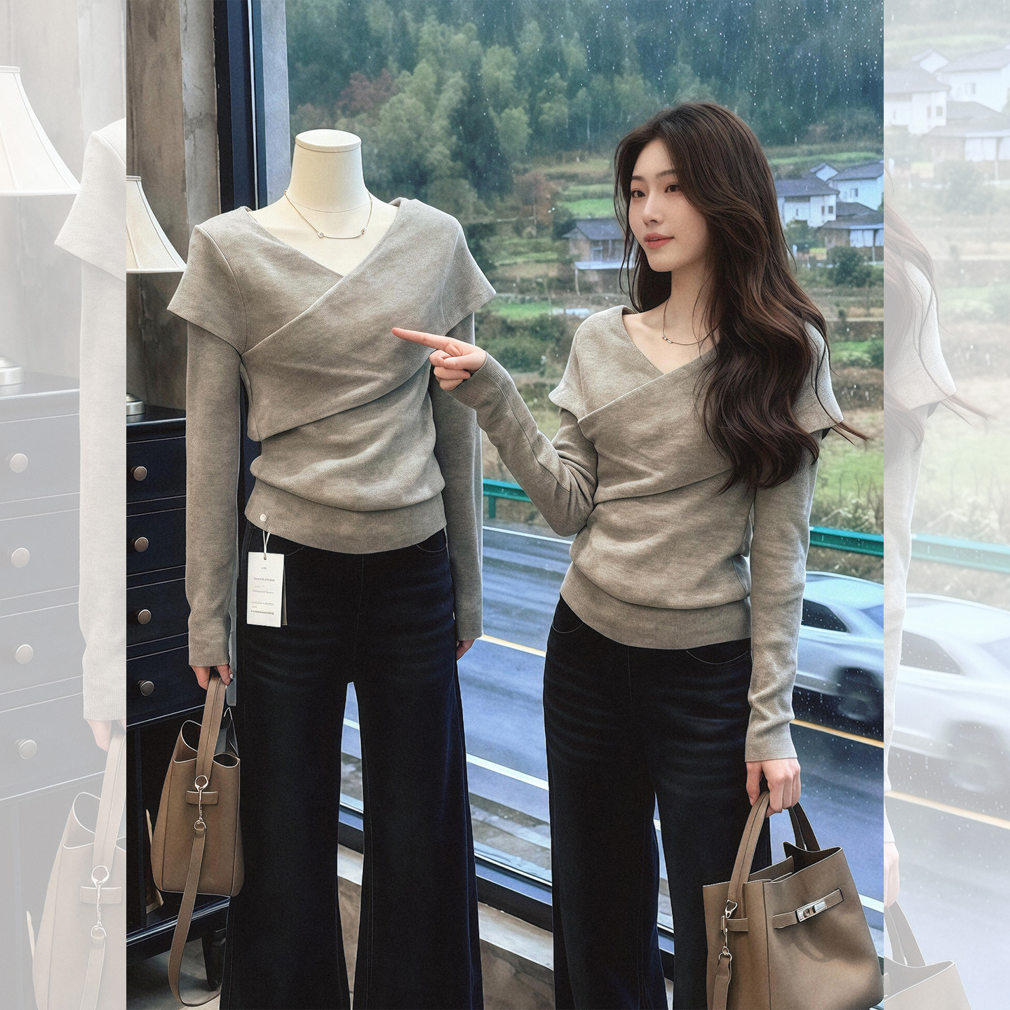 不规则灰色交叉V领针织打底衫女秋冬设计感小众内搭修身短款上衣