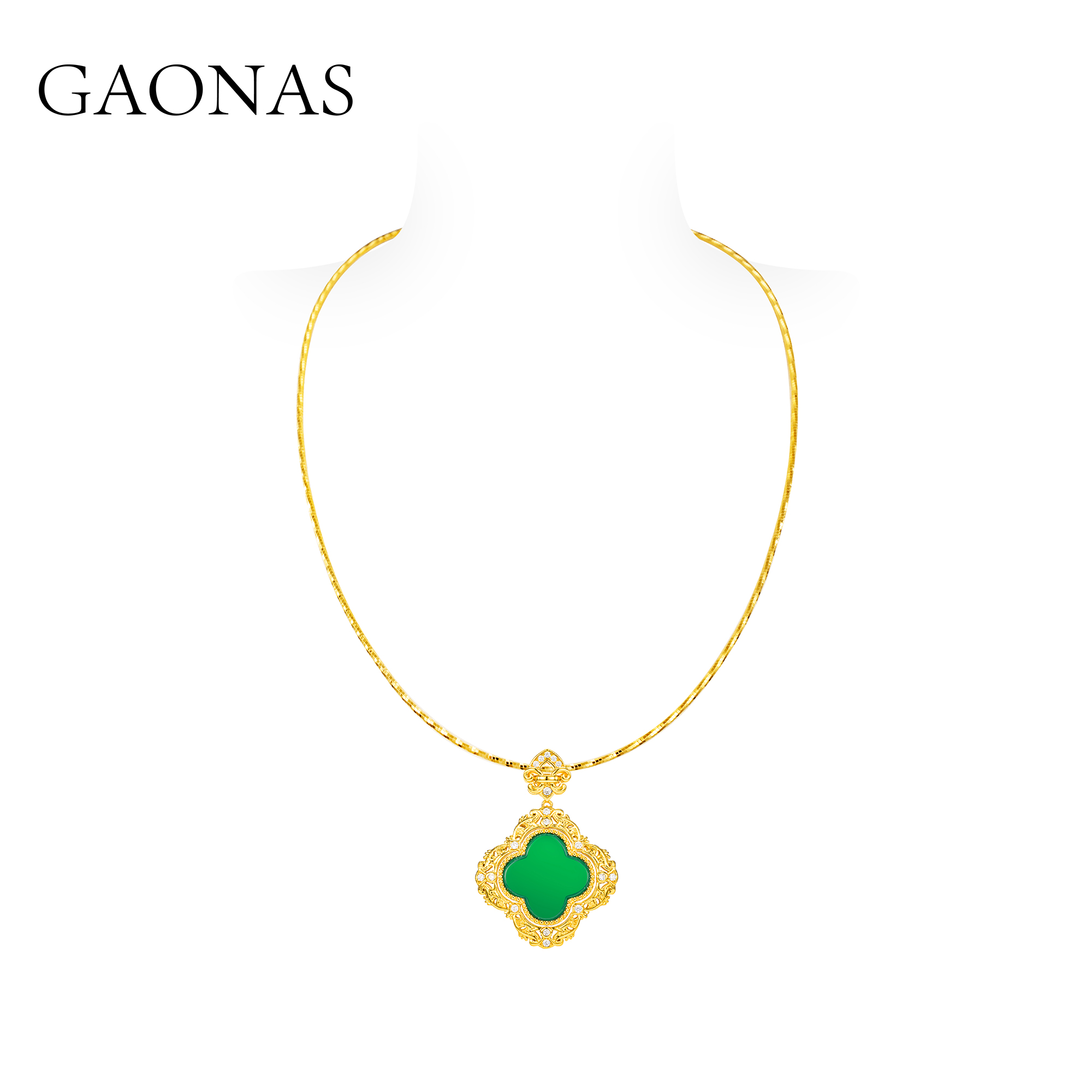 GAONAS 镀K金合成锆石吊坠 女士贵气绿花金色项链11681DG