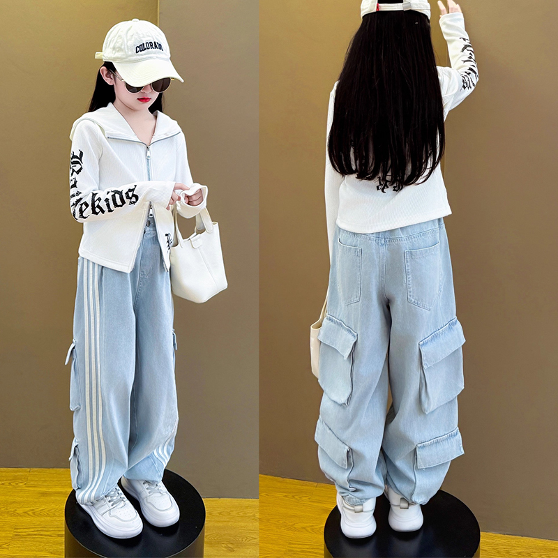 女童牛仔裤春秋2025新款儿童直筒阔腿裤休闲上衣春秋装裤子套装潮