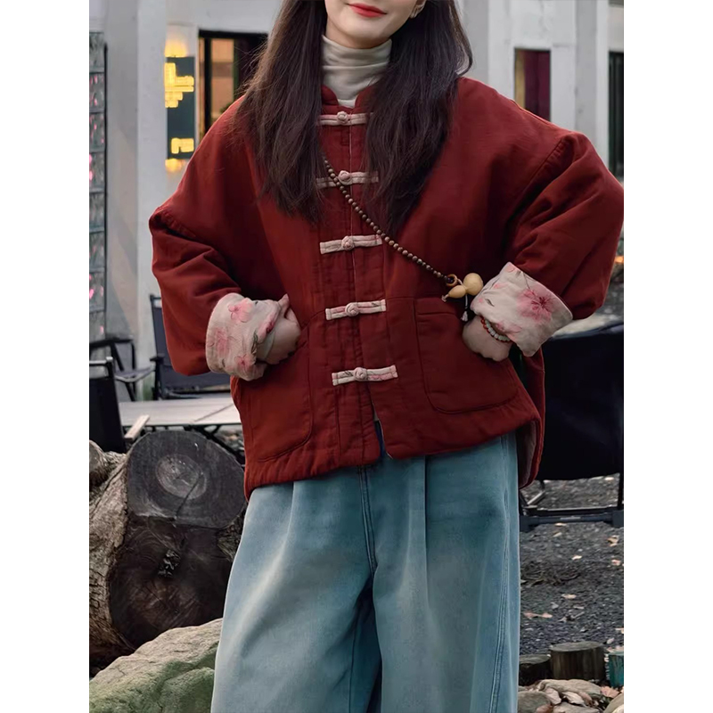 霖优【花知晓】新中式印花棉衣外套女冬季宽松加厚保暖盘扣国风棉服