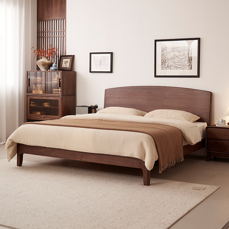 梵而北美黑胡桃木实木厚靠背家用简约轻奢风云舒双人床