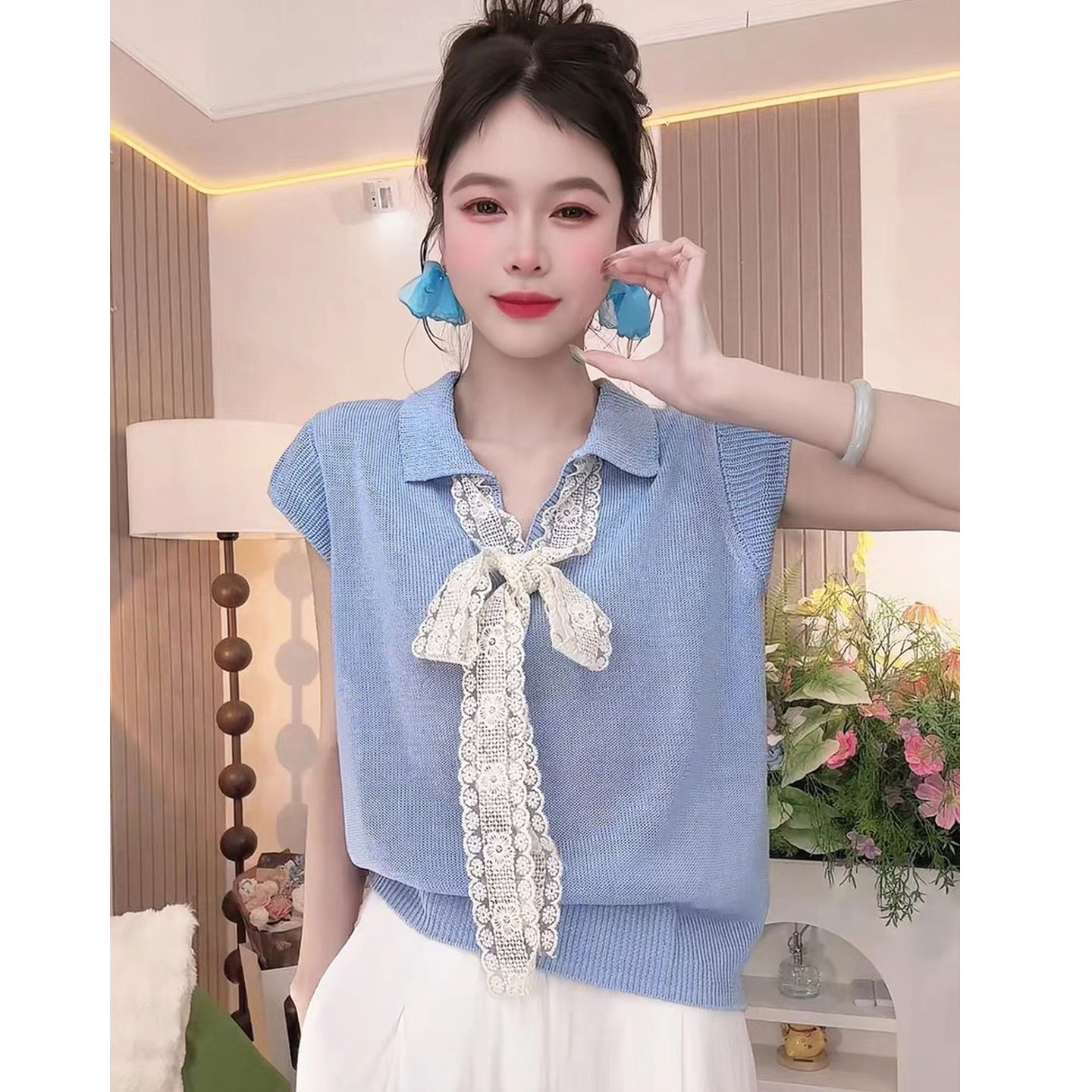 夏装新款蕾丝拼接蝴蝶结冰丝针织衫女时尚polo领短袖T恤套头上衣