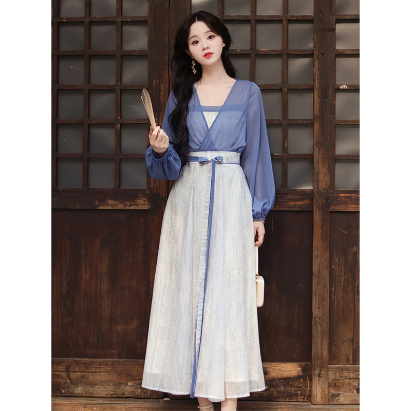 瑶西【蓝月离歌】2025新款绝美度假风裙子汉服新中式夏季长裙女装
