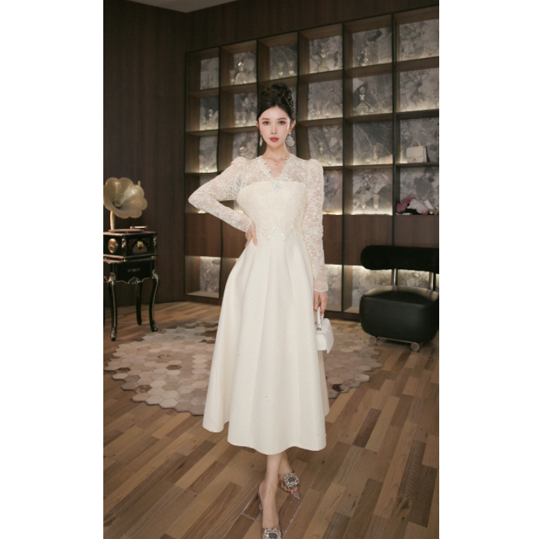 六爻定制 杏色新款温柔气质名媛显瘦优雅时尚连衣裙 21956