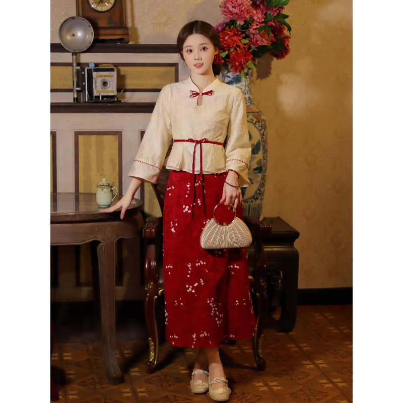 瑶西【延禧】刺绣上衣高腰A字半身裙汉服新中式国风裙子两件套装