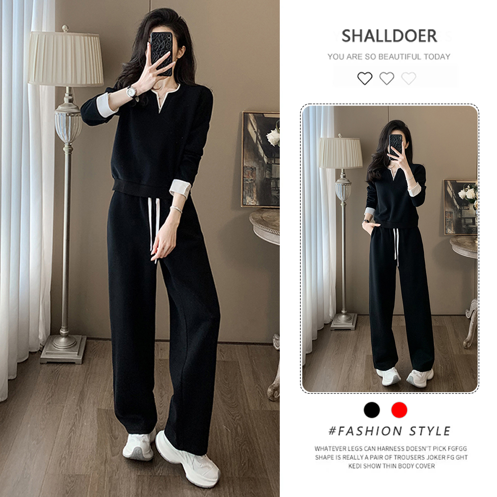 欧货休闲运动套装女士春秋季大码宽松显瘦洋气V领卫衣卫裤两件套