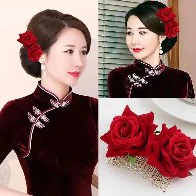 喜婆婆盘发头饰玫瑰发梳妈妈盘发插梳发夹红色喜庆结婚婚宴头花女