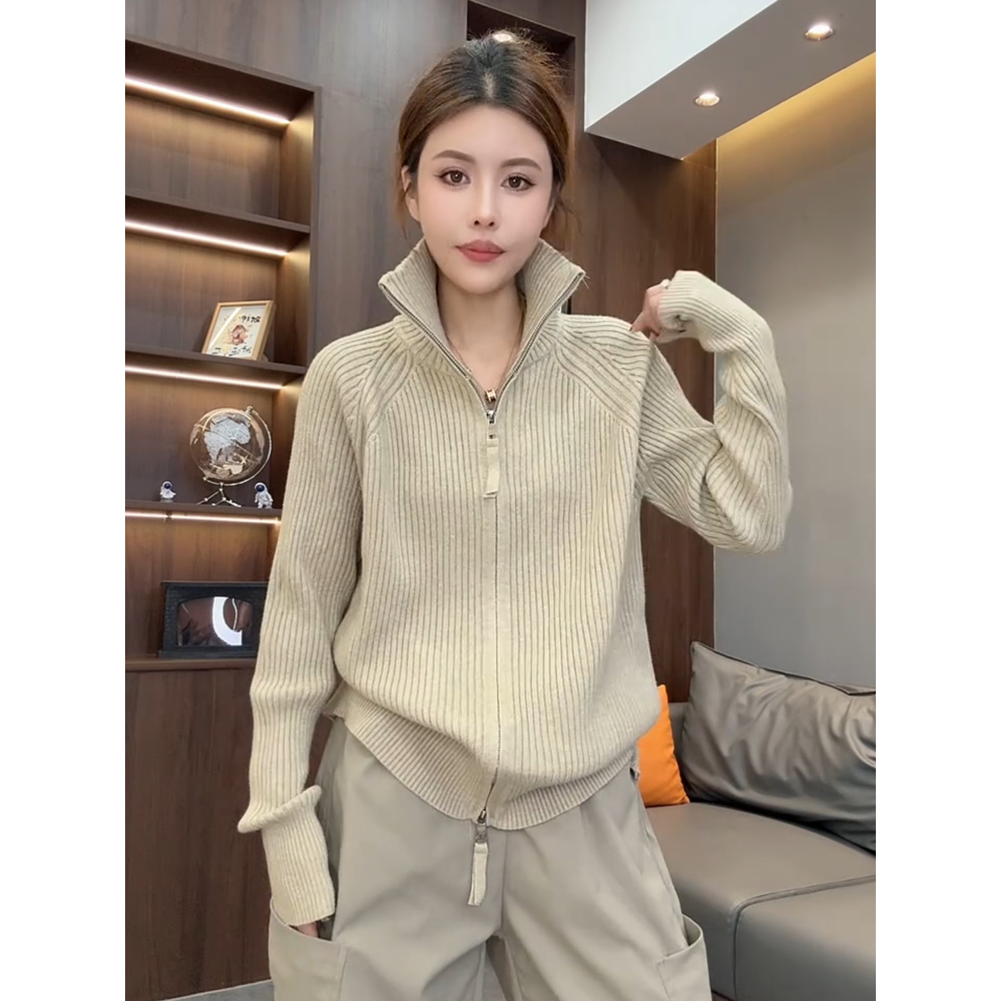欧货秋冬新款双拉链高领纯色长袖针织衫毛衣女气质洋气大码打底衫