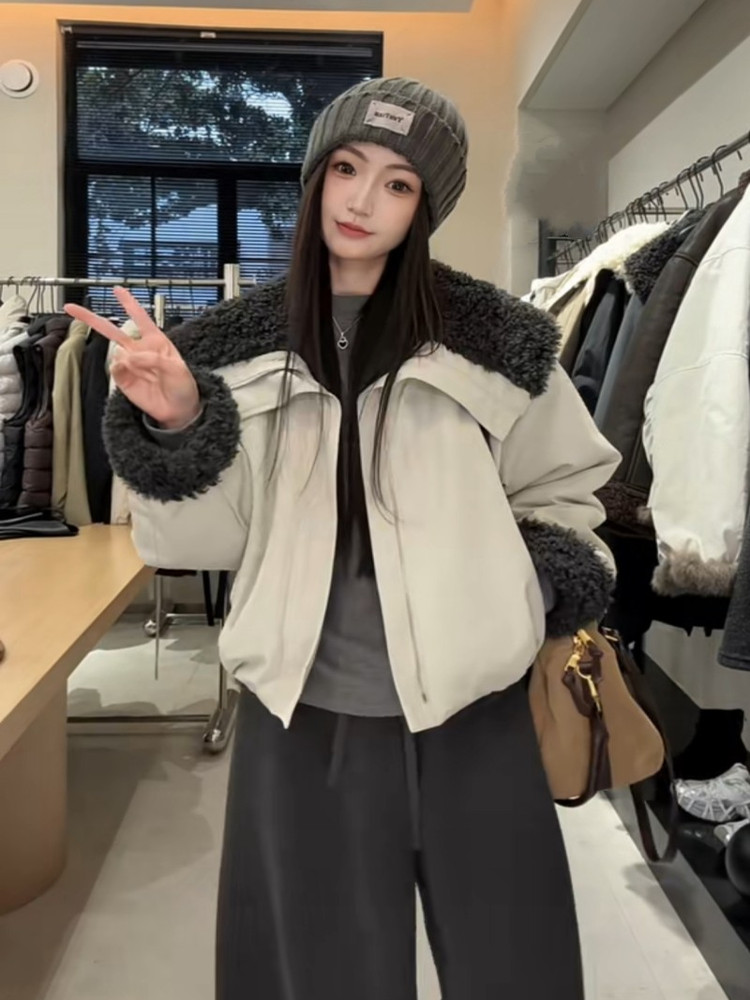 2025冬季新款大翻领羊羔毛派克服外套女短款加绒加厚保暖棉服上衣