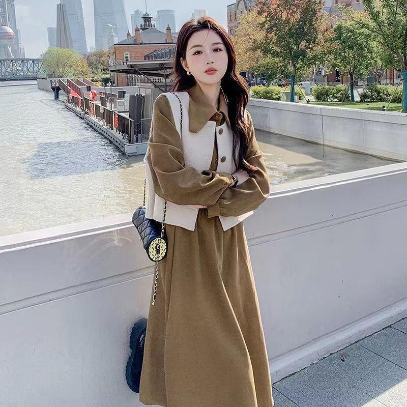 大码胖马甲流行连衣裙套装女秋韩版新款时尚简约遮肉显瘦两件套