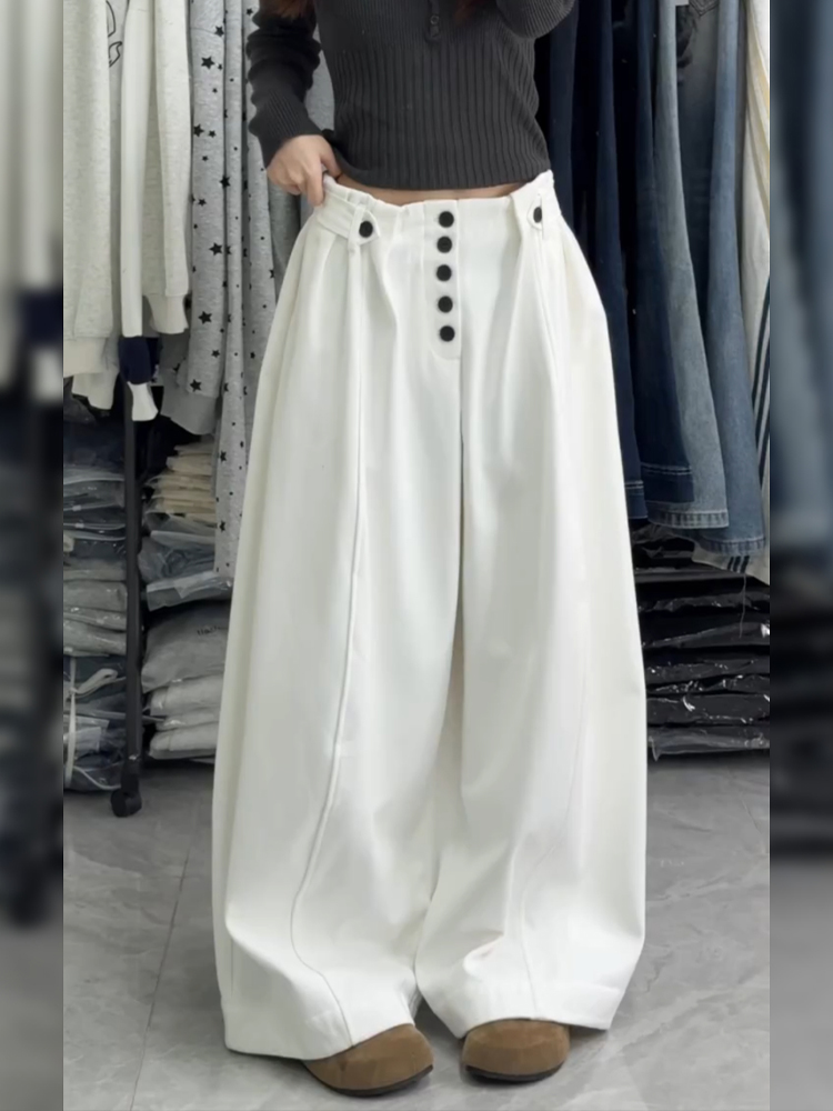 美式复古宽松bf慵懒风休闲裤子女辣妹小众百搭白色拖地阔腿长裤潮