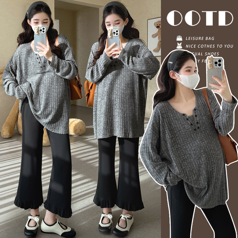 孕妇装秋冬季时尚外穿落肩袖坑条植绒T恤宽松大码中长款休闲上衣