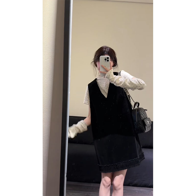 高级感气质套装女2025秋季新款波点立领T恤荷叶边背心裙两件套潮