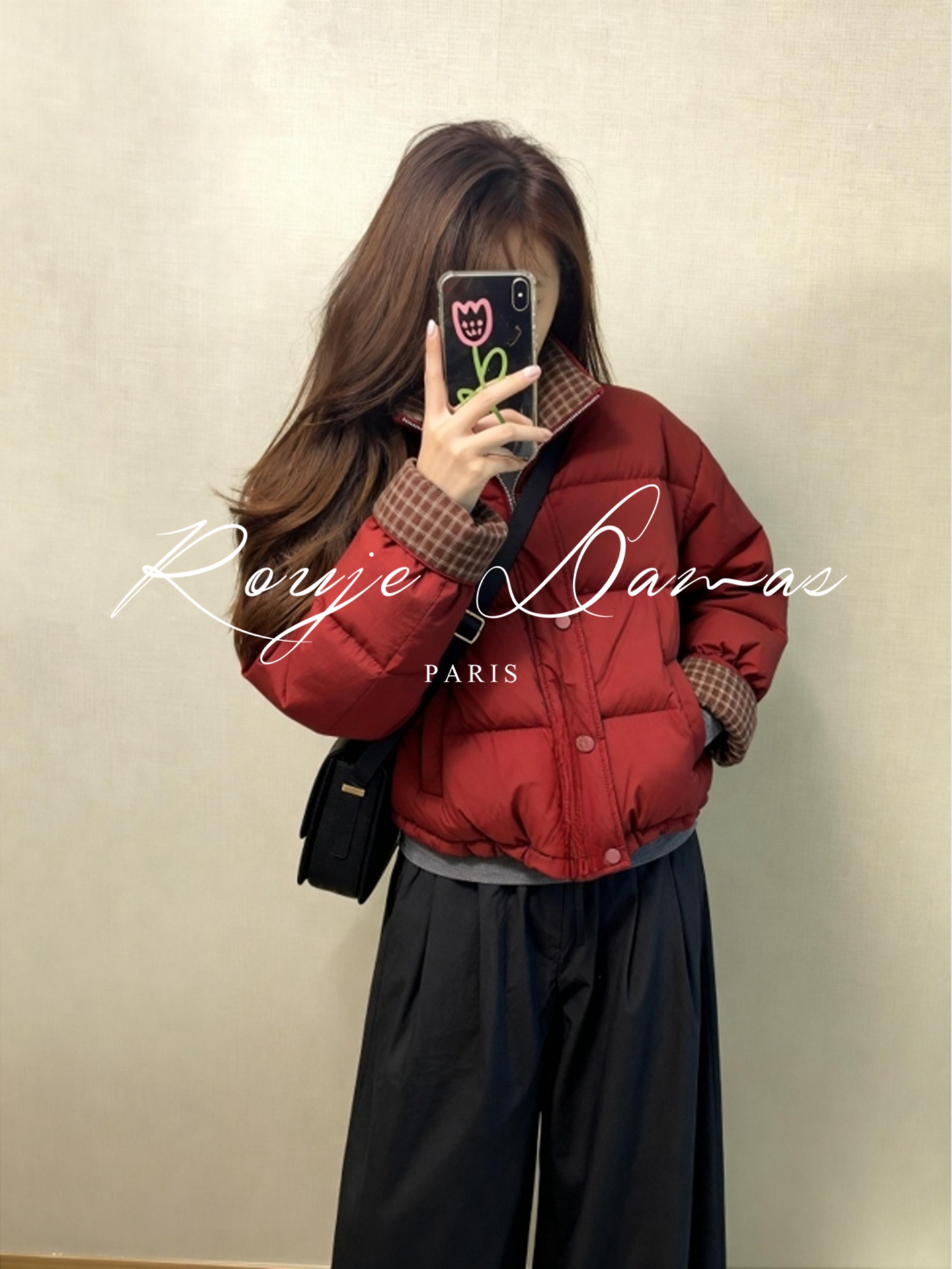 2025秋冬季法式红色格子翻领棉衣棉服女小个子韩系短款面包服外套