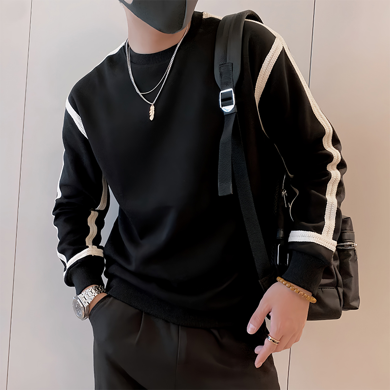 男士卫衣秋季2025新款爆款织带条纹男生圆领长袖打底潮牌休闲上衣