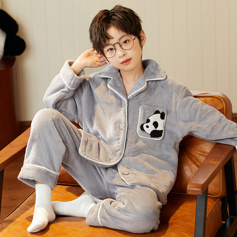 秋冬季男童睡衣法兰绒加绒加厚珊瑚绒中大童青少年男孩开衫家居服