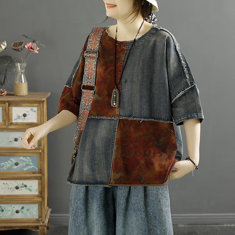 气质女装文艺复古印花毛边拼接牛仔T恤女25夏季新款宽松圆领上衣