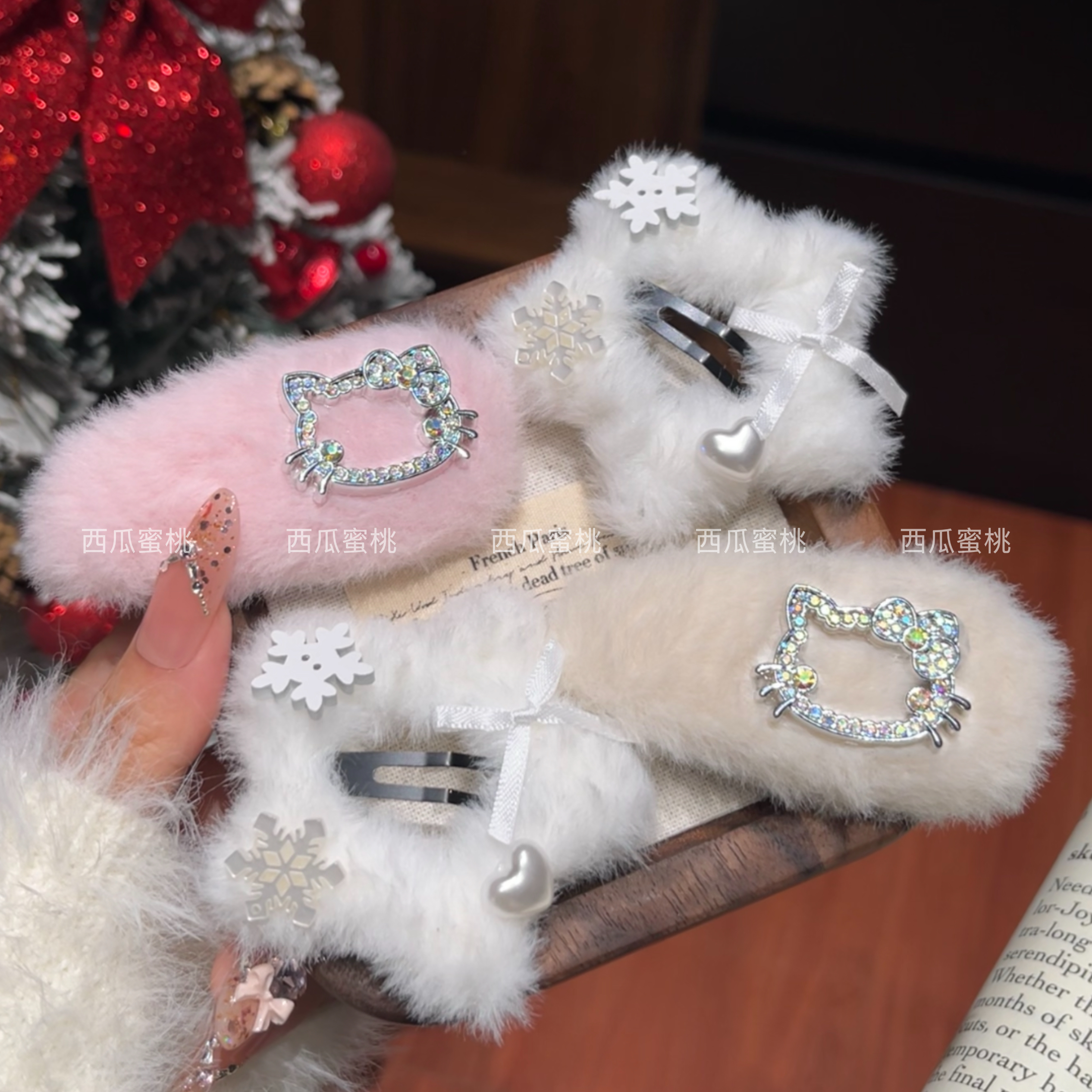 冬日氛围感纯白雪花五角星毛绒绒BB夹可爱闪钻kt甜酷侧边夹刘海夹