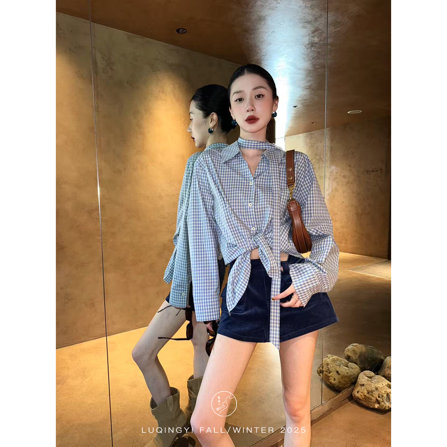 鹭青一原创【观棋】荃棉复古格纹衬衫女秋休闲上衣 L25C7550BB