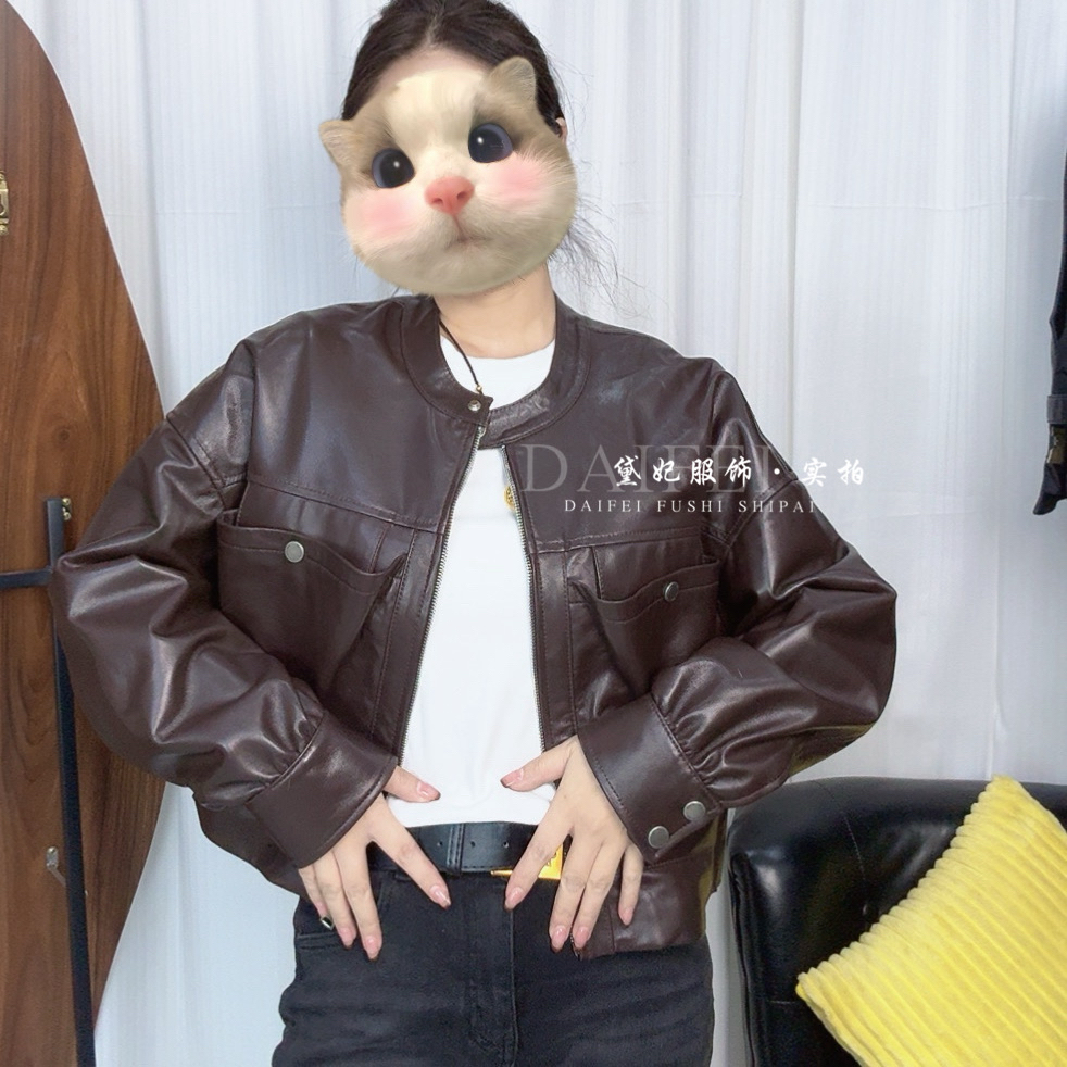 海宁2025春秋新款真皮皮衣女美式复古立领短款绵羊皮机车夹克外套