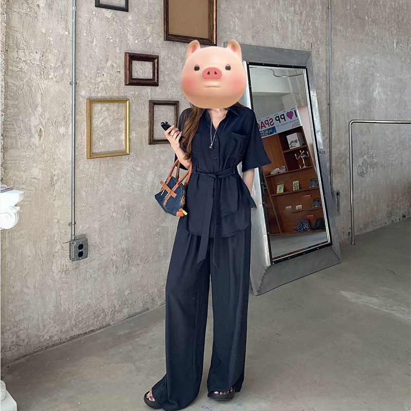 休闲气质老钱风休闲套装女宽松显瘦短袖衬衫休闲阔腿裤两件套830