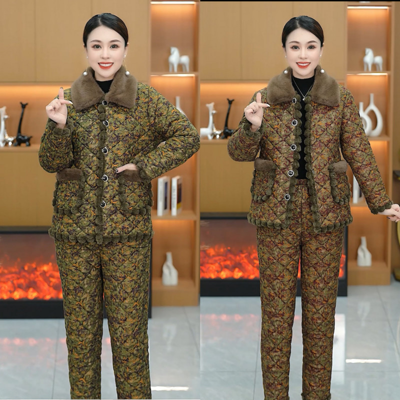 8530#冬季厚款妈妈装碎花翻毛领女装植物花卉大码加绒妈妈套装