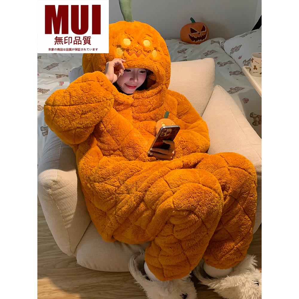 无印MUI品风搞怪南瓜睡衣女秋冬季加冬季加绒男冬大码珊瑚绒睡衣