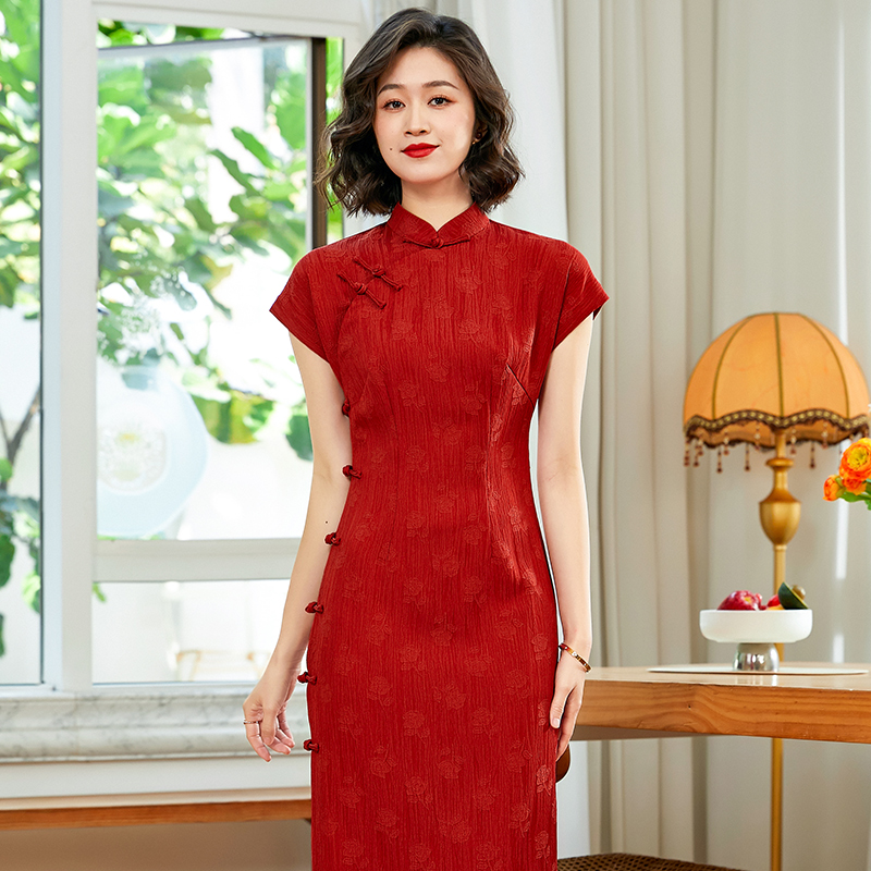 桔红色婚宴喜妈妈旗袍夏季2025年新款复古中国风改良全开襟25005