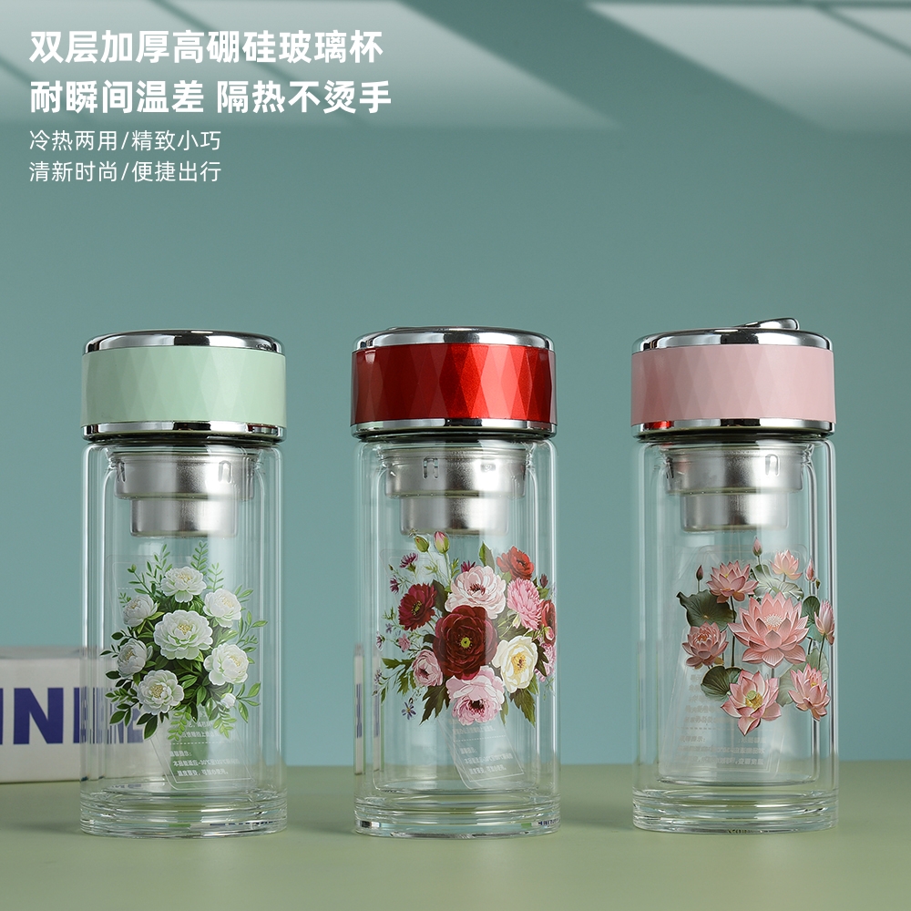 精致时尚女士隔热玻璃杯便携加厚简约水杯户外高档花茶杯泡茶杯