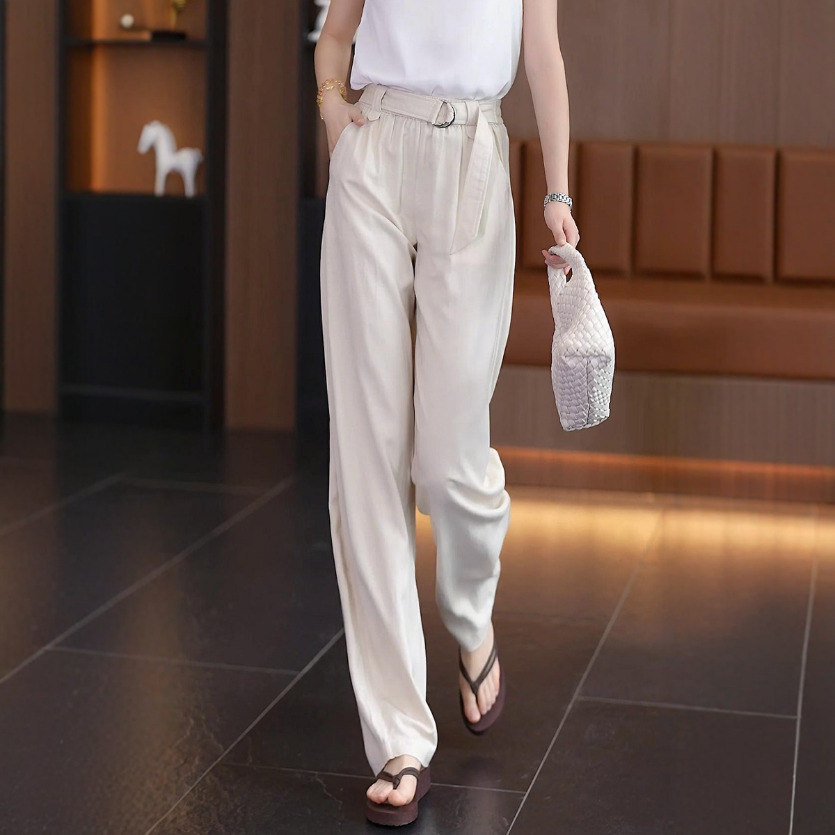 棉麻西装裤女夏季薄款2025新款直筒长裤高腰宽松慵懒风阔腿休闲裤