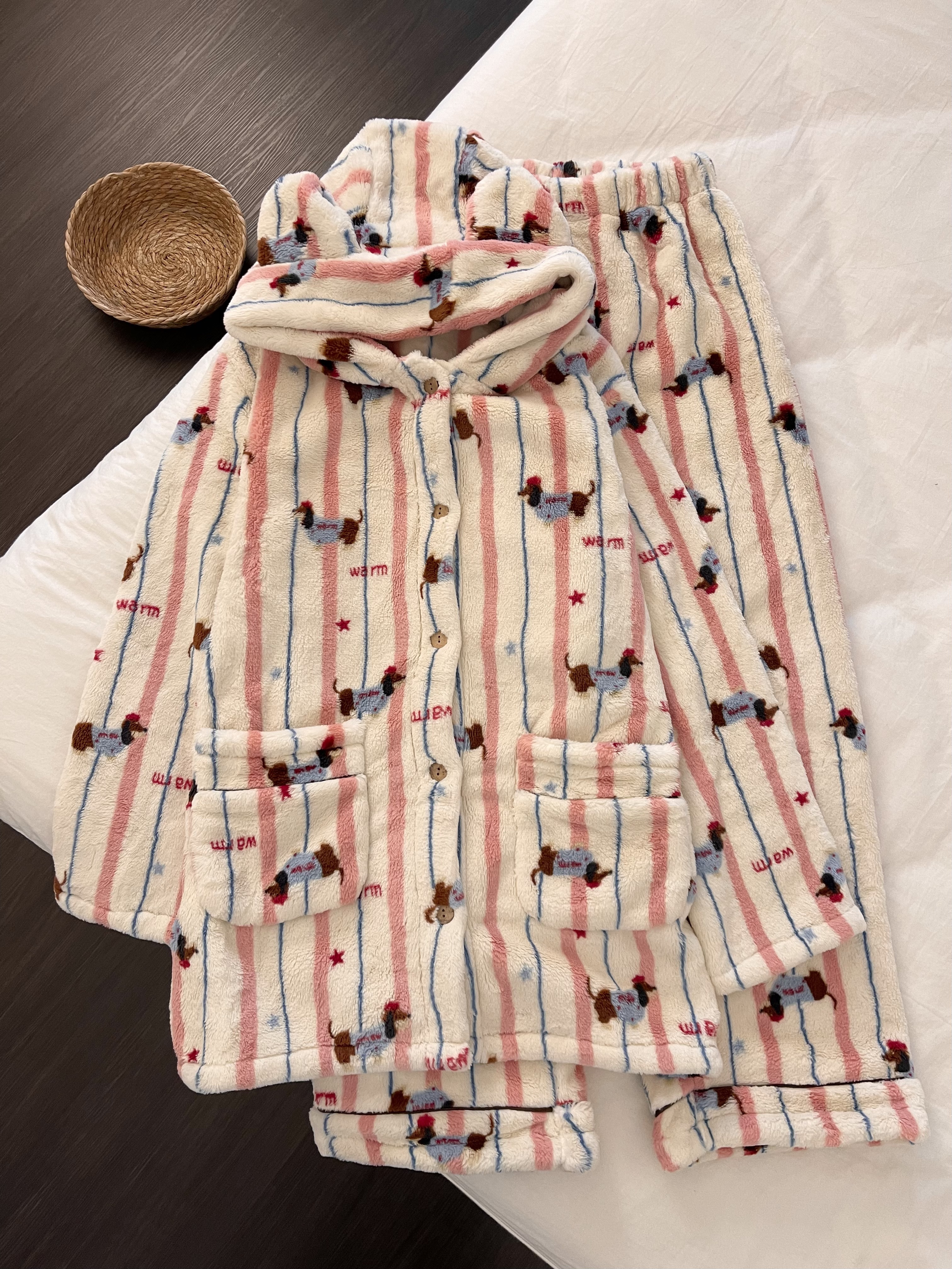 【DMXJ大梦想家】甜美条纹卡通珊瑚绒睡衣女冬季新款保暖家居服套装