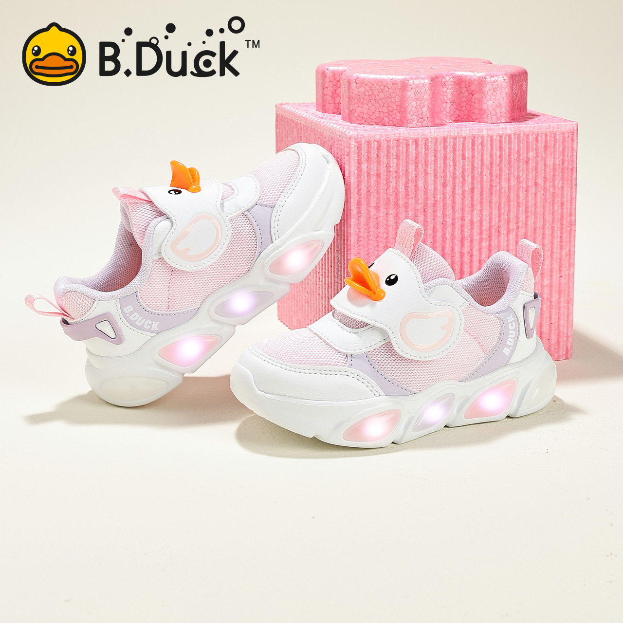 B.Duck小黄鸭儿童鞋女童运动鞋网面2026春秋儿童男鞋发光鞋亮灯鞋