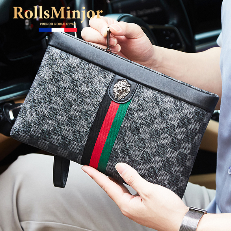 劳斯名爵2025新款男士真皮手拿包格纹时尚休闲大容量信封包手抓包