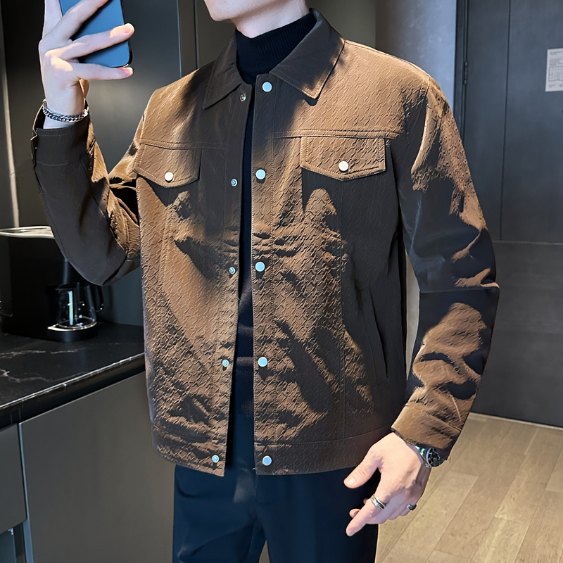 高级感暗纹皮夹克男款2025新款秋冬季潮流痞帅男士短款翻领外套