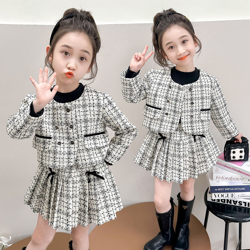 女童秋装小香风套装新款儿童千鸟格百褶裙子宝宝春秋三件套