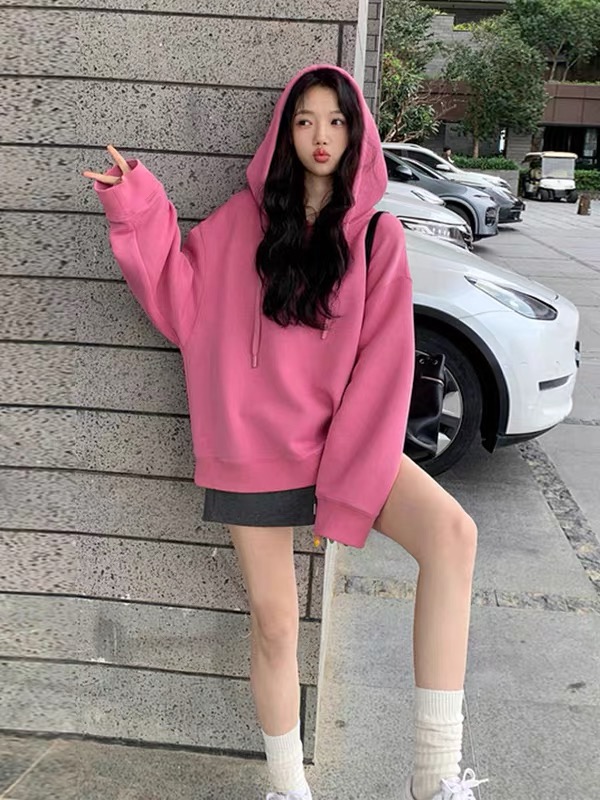 玫粉色连帽卫衣女2025新款宽松慵懒风美式街头中长款加绒上衣ins