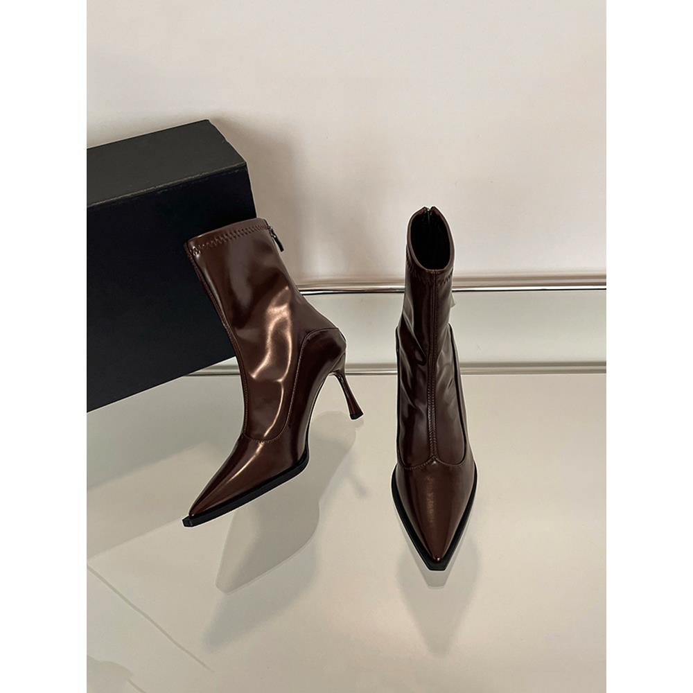 高跟尖头短靴2025年秋冬新款欧美细跟拼接裸靴瘦瘦靴复古棕色短靴