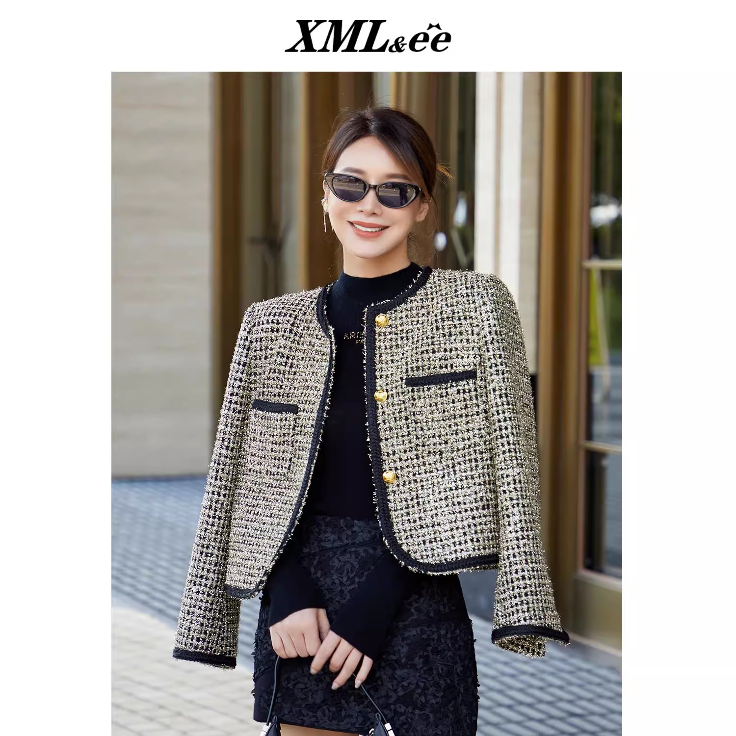 XMLee艾米尔 金色格纹粗花呢圆领小香风外套 EX320TJ0014