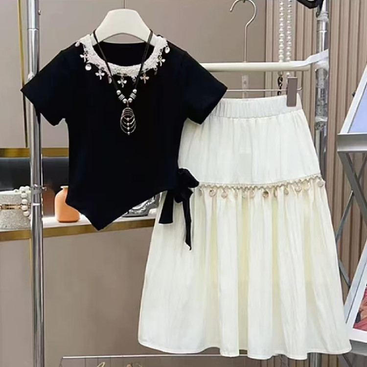 婴儿2025新款猎手女童时尚套装黑色上衣白色裙子百搭洋气两件套