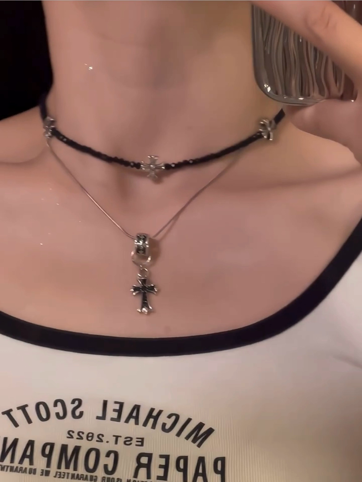 钛钢亚克力项链 辣妹十字花架叠戴项链设计感小众锁骨链黑色颈链
