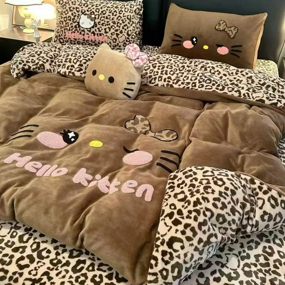 冬季加厚牛奶绒床上四件套豹纹被套床单法兰珊瑚绒学生宿舍三件套