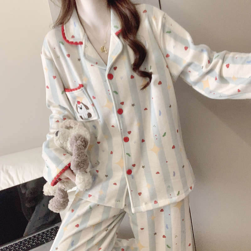 加大码可爱睡衣女秋冬季保暖开衫长袖长裤两件套装胖MM宽松200斤