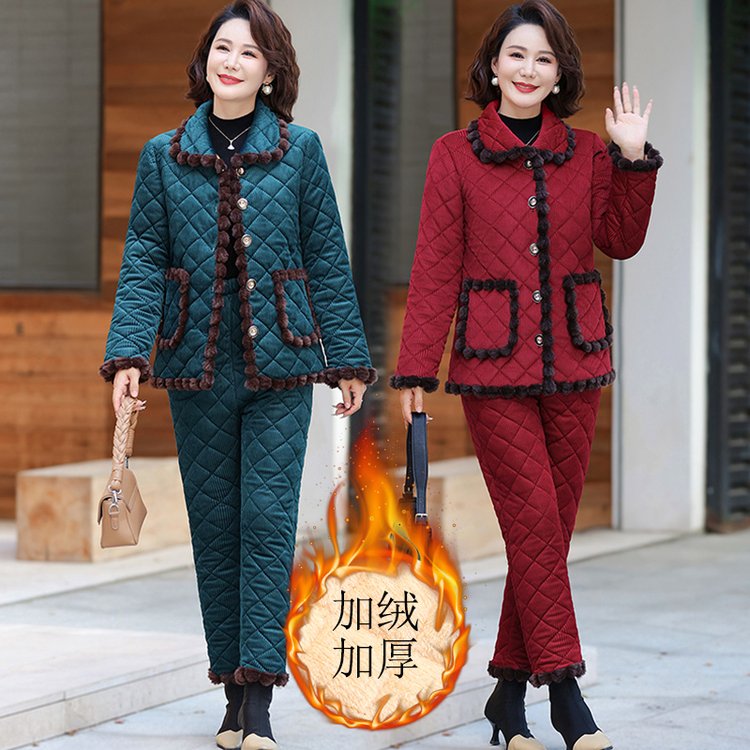 纽扣加绒厚款宽松型气质时尚风秋冬棉袄中老年女装大码妈妈装棉服