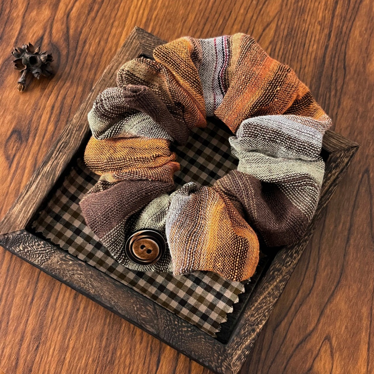 原创森系复古咖色系百搭条纹亚麻大肠发圈发绳头饰女